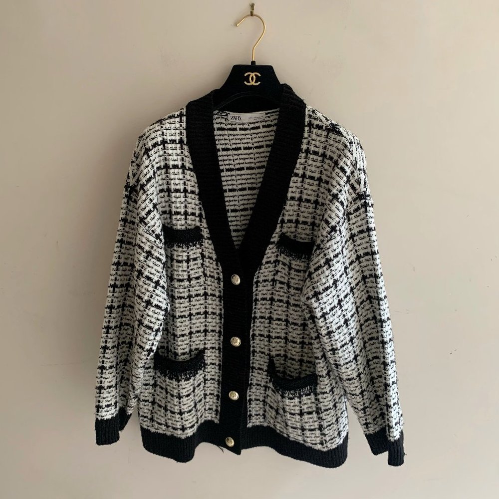 Zara Knit Graph Check Tweed Cardigan - Picture 3 of 8